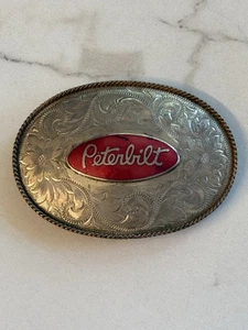 RARE 1960s-70sVINTAGE CLOISONNÉ PETERBILT TRUCKER COWBOY BELT BUCKLE GERMAN SLVR - Picture 1 of 6