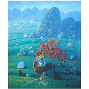 Ramon Vazquez Mann reitet Hahn 20 1/2 x 17 Kubanische Kunst Original Öl Leinwand 2000 - Bild 1 von 7