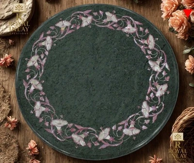 Elegant Round Green Marble Table with vine Inlay – Handmade Geometric Art 30" - Image 1 of 4