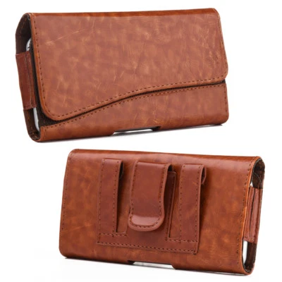 for iPhone 8 - HORIZONTAL BROWN Leather Pouch Holder Belt Clip Loop Holster Case - Image 1 of 4