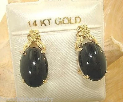 SOLID 14K YELLOW GOLD HAWAIIAN PLUMERIA NATURAL BLACK CORAL FRENCH CLIP EARRINGS - Image 1 of 3