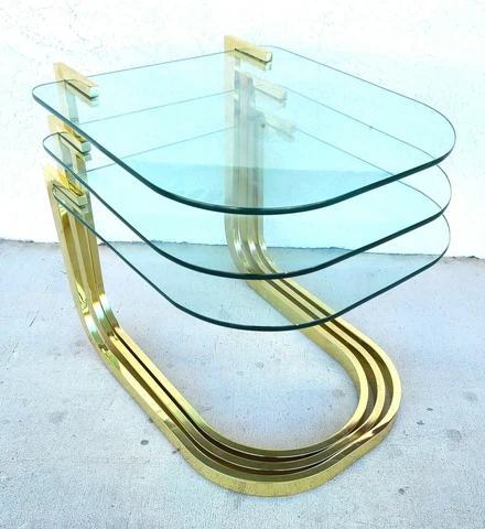 Vintage 1970's MCM Brass & Glass Nesting Tables Cover