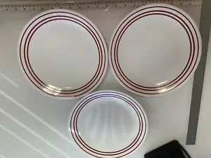 3 HTF CORELLE CORNING WARE RUBY RED 3 STRIPES DINNER PLATES 10 1/4" - Picture 1 of 4