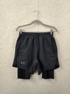 Under Armour Boys Short Medium Black Poly Blend Drawstring Athletic Fit HeatGear - Picture 1 of 16