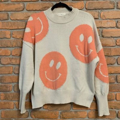By Together Womens Small Sweater Cream Orange Smiley Knit Happy Oversized Cozy - Image 1 of 4