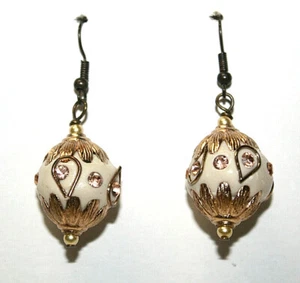 Costume Jewelry Dangle Earrings Ball Shaped Off White Gold Antique Bronze Hook - Picture 1 of 3