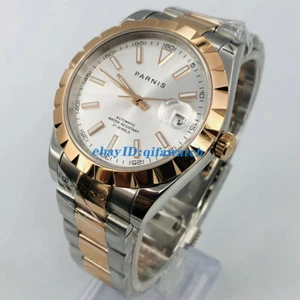 Reloj automático para hombre PARNIS 39mm esfera plateada oro rosa zafiro fecha cristal - Imagen 1 de 6