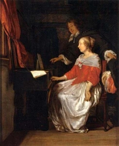 Dream-art Oil painting Gabriel-Metsu-Virginal-Player-young couples portrait art - Picture 1 of 1
