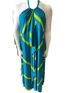 Neu mit Etikett Ashley Stewart türkis türkis limettengrün gestreiftes Neckholder-Kleid Stretch Größe 2X - Bild 1 von 11