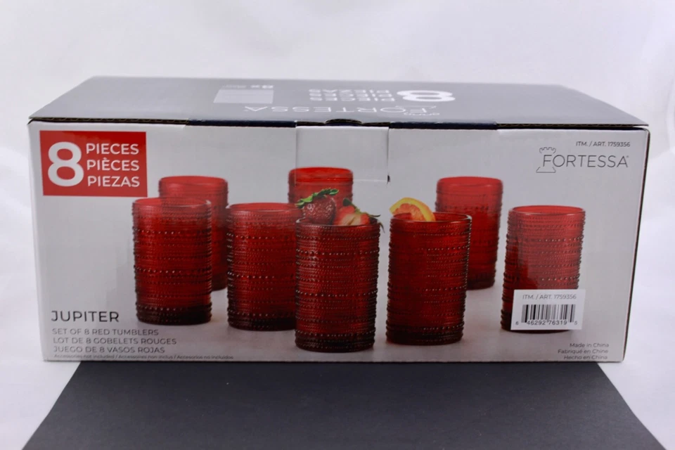 Fortessa Jupiter 8 piece drink glass set 13 oz Beaded design RED with BOX
