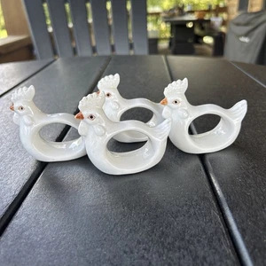 4 Vintage Lego Napkin Rings White Fine Porcelain Ceramic Chicken Farmhouse - Picture 1 of 7