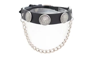 Men Biker Western Fashion Boot Bracelets Black Straps Pair Silver Metal Chain... - Picture 1 of 9