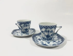 2x Royal Copenhagen Blue Fluted Full Lace 1036 Cups & Saucers Set - Picture 1 of 17