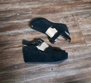 Chocolat Blu Women's Leather Suede Wagga Platform Wedge Sandal Peep Toe Sz 8.5 - Picture 1 of 10