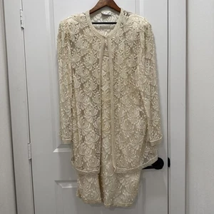Vintage 80's Beaded Beige Cocktail Dress With Matching Jacket 2X - Picture 1 of 23