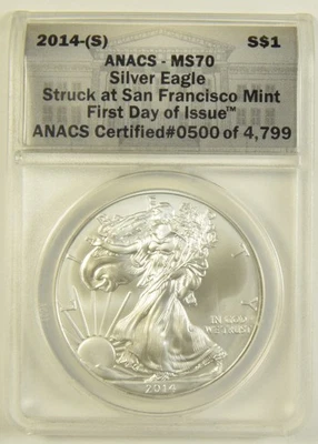 2014(S) Silver Eagle ANACS MS-70 First Day of Issue Struck at San Francisco Mint - Image 1 of 2