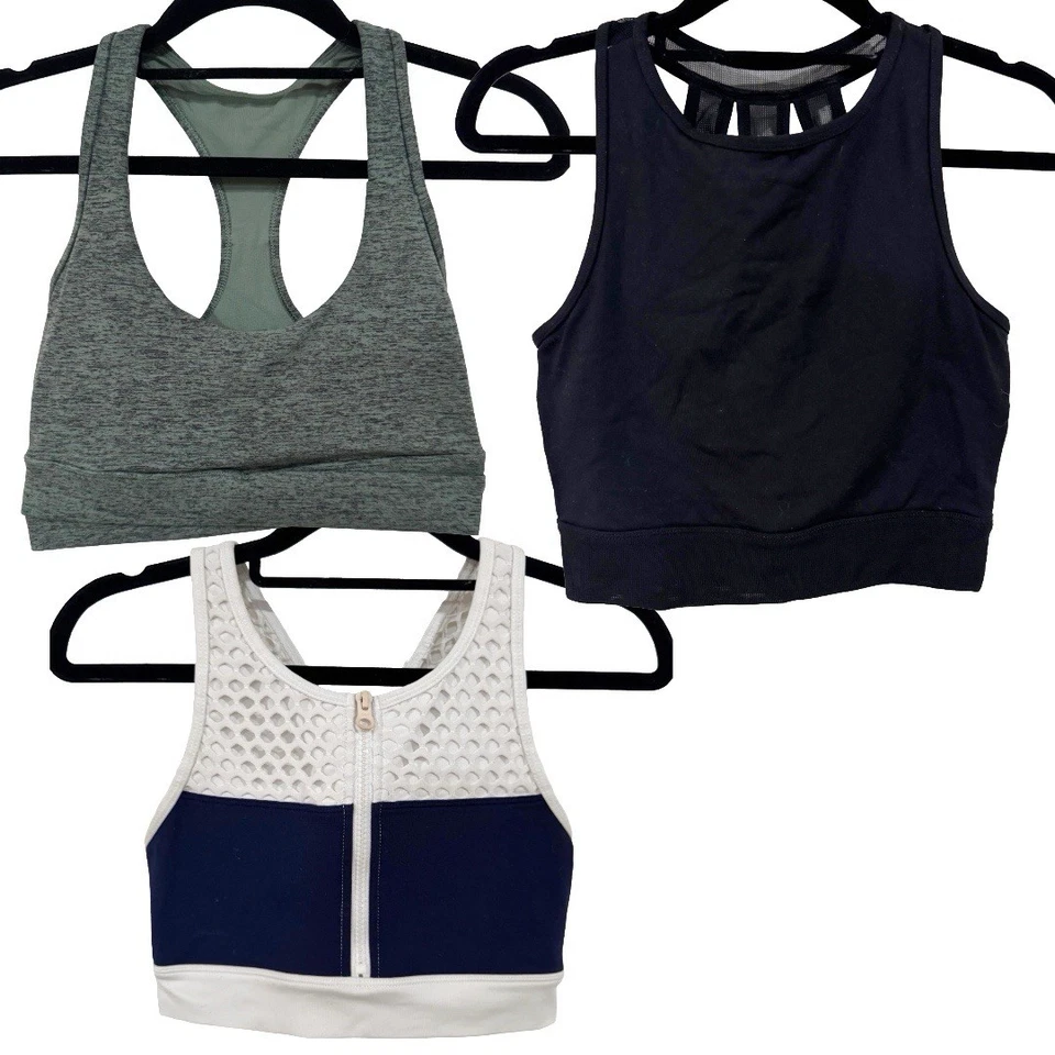 Lote de tres sujetadores deportivos Lorna Jane paquete de malla frontal talla pequeña negro azul verde Foto 1 de 4