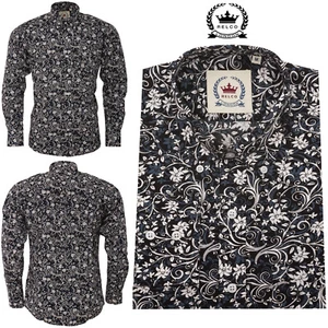 Camisa de cachemira Relco negra floral manga larga algodón cuello abotonado para hombre - Imagen 1 de 4