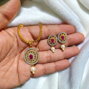 Bollywood Ethnic Elegant CZ Pendant Set with Pearl Drops for women - Picture 1 of 9