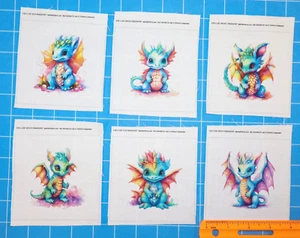6 Piece 3"x3" Baby Dragons 100% Cotton Quilting Sewing Blocks - Picture 1 of 5