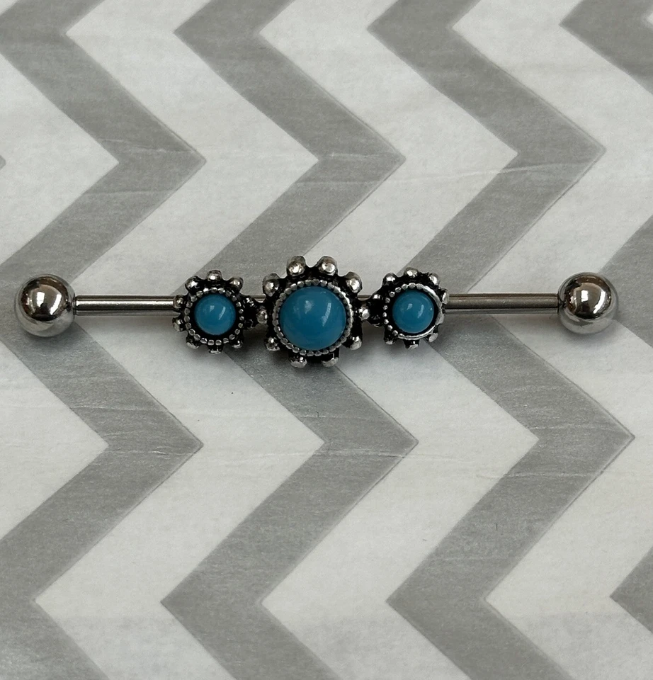 "Barbell industrial triple turquesa calibre 14 nuevo pendiente cartílago 1,5""" Foto 1 de 1