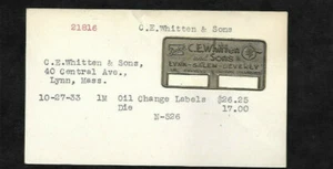 C.E. 1933 Recordatorio de cambio de aceite de lámina de concesionario Whitten Buick... Archivo Angell MFG - Imagen 1 de 2
