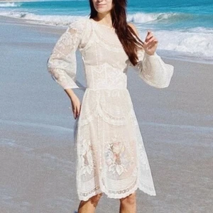Vintage White Lace Sheer Bell Sleeve Floral Hippie Midi Dress Large - Picture 1 of 10