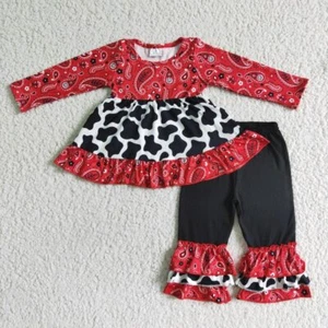 Baby Girls Paisley Cow print Ruffle Pants clothes sets Boutique - Picture 1 of 4