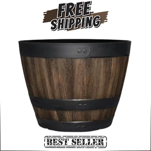 Large Resin Planter Garden Flower Plant Pot Walnut Barrel Gardening Pots - Picture 1 of 9