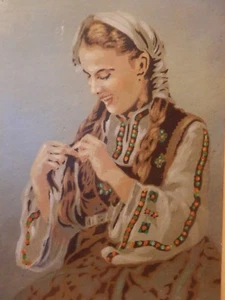 Vintage Acrylic Painting Young Woman Portrait Wall Hanging Picture Wooden Frame - Picture 1 of 11
