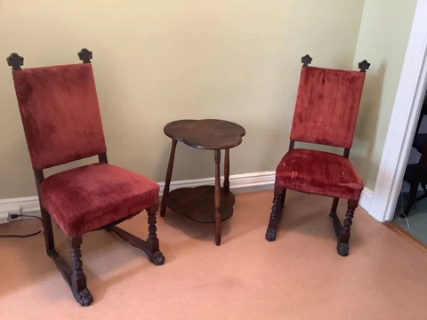 Set of 2 ANTIQUE 1900's Gothic Spanish Revival Monterey Claw Foot Dining Chairs Cover