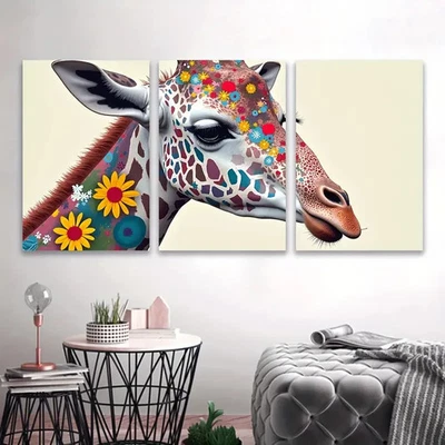 3pcs Vibrant Giraffe With Floral Patterns Wall Art Canvas Unframed/Framed - Image 1 of 4