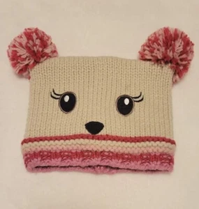 Kids Beanie Winter Hat Mouse Face Pom Pom Beige Pink Girls L - Picture 1 of 11