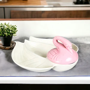 Enchanto Co USA Pink Swan Chip & Dip Snack Platter 1950s MCM California Pottery - Picture 1 of 17