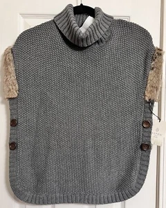 Aspen Ki Size M 10-12 Gray Turtleneck Poncho Sweater Faux Fur Side Buttons NEW - Picture 1 of 19