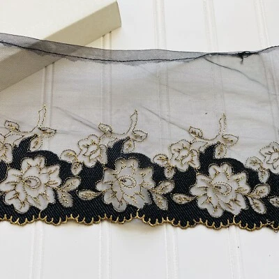 Black & Gold  Floral Embroidered Lace Trim for Sewing/Bridal/Crafts/6" Wide - Image 1 of 4