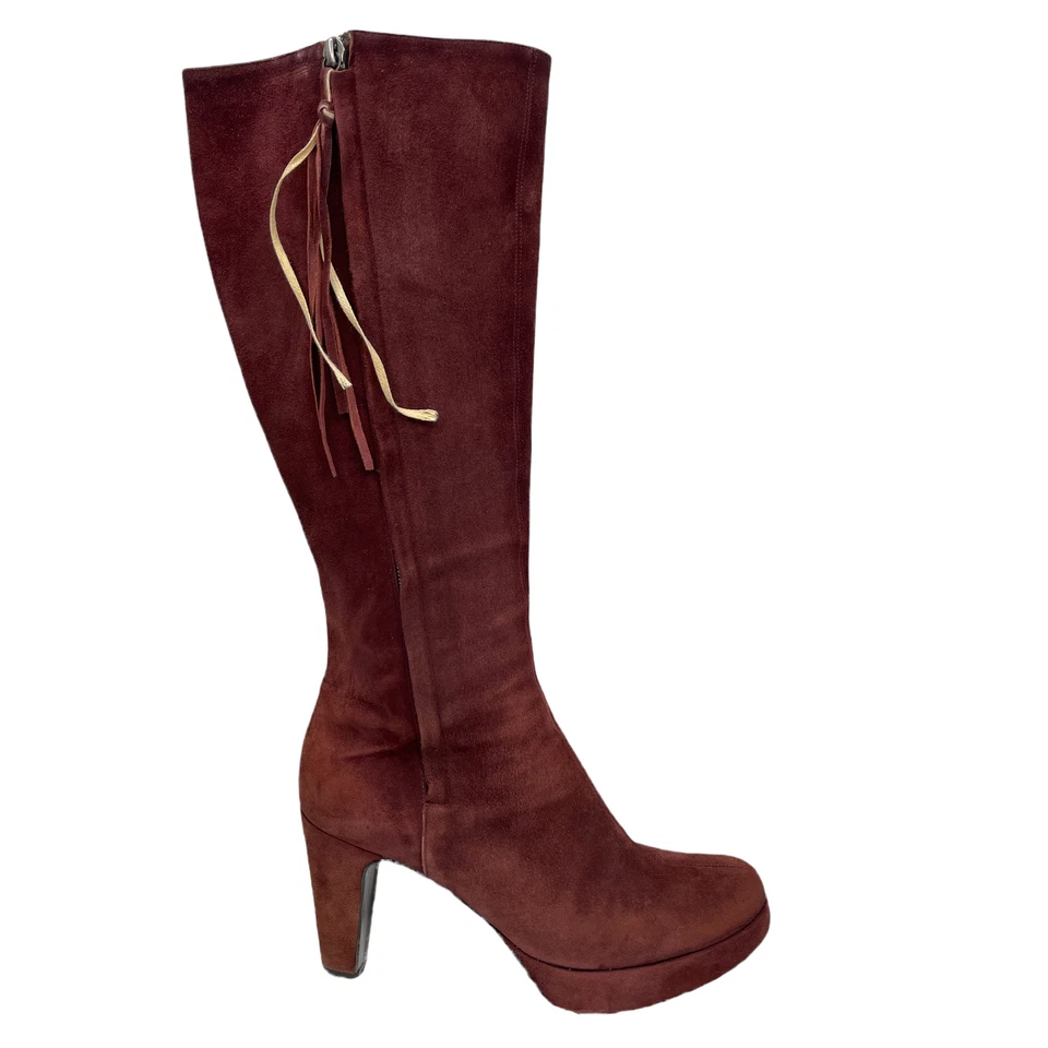 Pollini Womens Maroon Lush Suede Tassel Tall  Heel Double Zip Tall Boot Size 6.5 - Image 1 of 4