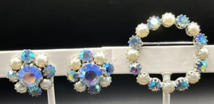 WEISS Vintage AB Rhinestone Faux Pearl Brooch Pin & Clip on Earrings set - Picture 1 of 14