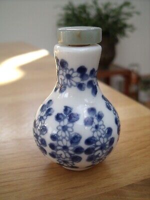 Chinese Perfume Or Snuff Bottle With Blue & White Chrysanthemums ~ Signed In Red • 12.09£