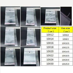 Width 10cm Clear Resealable Poly Cello Cellophane Bags w/Hanging Hole Multi-size