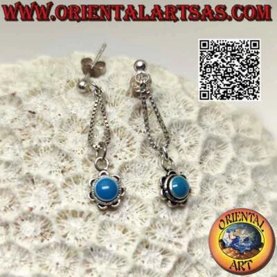 Orecchini Argento 925‰ da lobo con fiorellino con turchese centrale pendente a c - Immagine 1 di 2