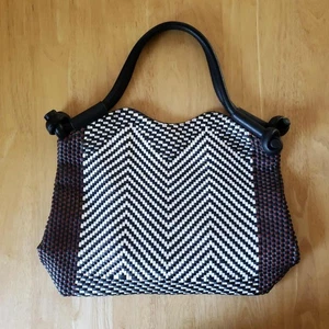 Merona Tri-Color Woven Handbag Black White Brown Herringbone Tote 12”x13.5" - Picture 1 of 6