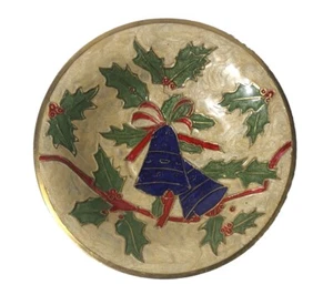 Hand Painted Cloisonne Christmas Bells and Holly Solid Brass Enamel Bowl - Picture 1 of 2