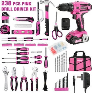 ValueMax 238PC Home Tool Kit 20V Cordless Drill Tool Set w/ Drills Pink Tool Set - Picture 1 of 8