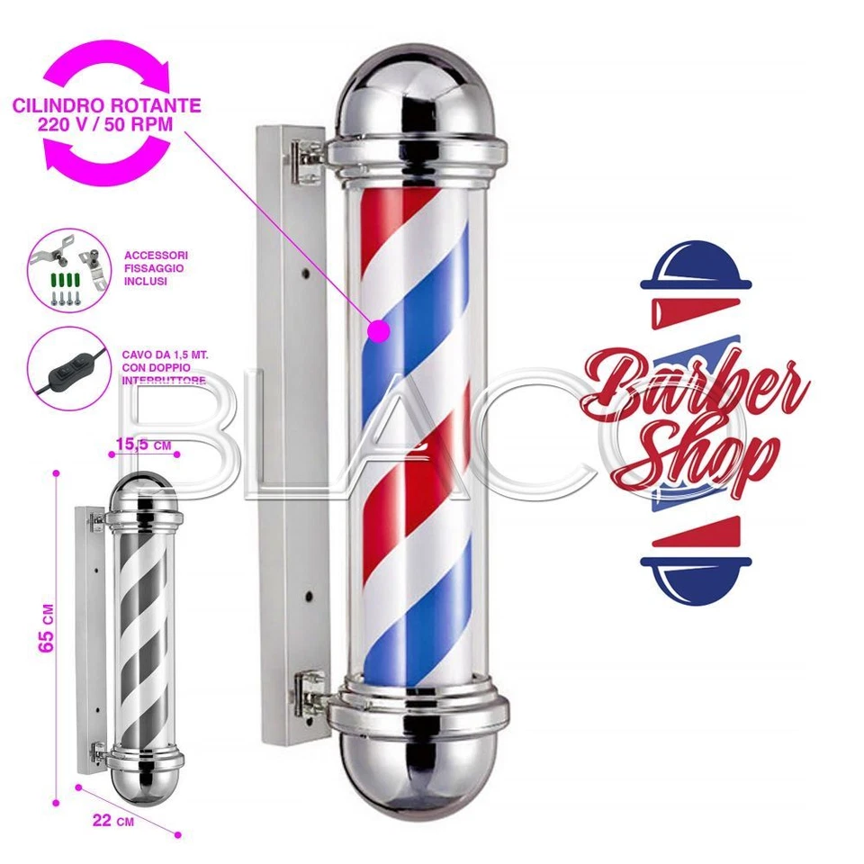 INSEGNA LUMINOSA BARBIERE ROTANTE BARBER POLE SMALL PALO BARBER SHOP 15,5x65cm