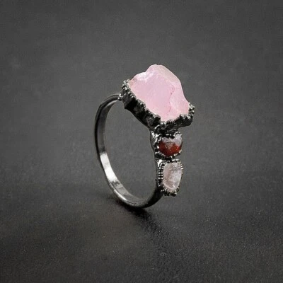 Anillo distintivo de cuarzo rosa natural de hessonita y piedra lunar joyería de fiesta Foto 1 de 4