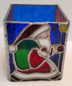Vintage Weihnachtsmann echt Buntglas quadratisch Windlicht Weihnachten Halter 3,5" - Bild 1 von 3