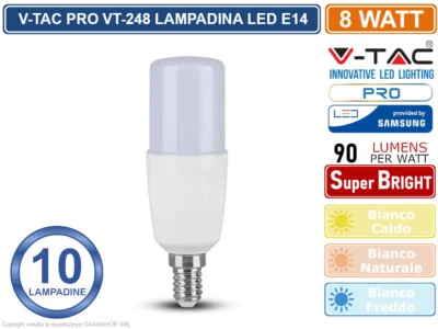 10 PEZZI V-TAC PRO VT-248 LAMPADINA LED E14 8W TUBOLARE T37 CHIP SAMSUNG - Immagine 1 di 3