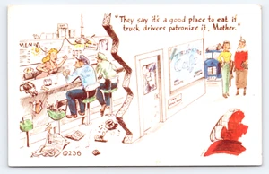 Tarjeta postal Truck Stop Café Humor Cómic Cromekolor c1950, camarera camionera - Imagen 1 de 4