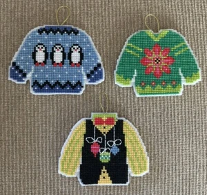 Lot of 3 Handmade finished cross stitch UGLY CHRISTMAS SWEATER ornament NEW - Picture 1 of 7